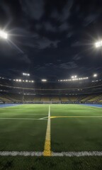 Dark blue football field at night with bright yellow stadium lights illuminating the surrounding landscape,  atmosphere,  sunset,  outdoor lighting