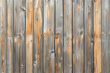 Naklejka premium Weathered wood planks forming a wall. Vertical, close-up view of aged wooden panels. Natural tones of gray and beige, with visible textures and imperfections