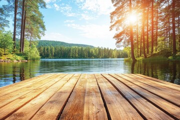 Peaceful lakefront wooden dock on a sunny day. Lush forest surrounds tranquil water