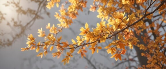 Delicate orange and yellow leaves with soft peach blossoms ,  yellow,  autumn,  orange