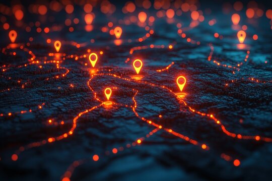 Digital map with glowing red location markers on a dark blue grid background.