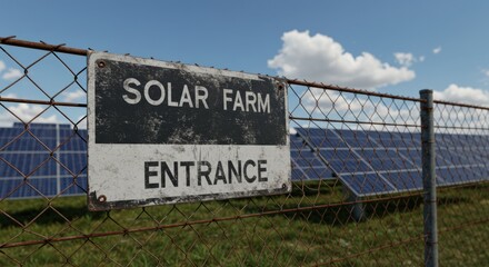 Obraz premium Entrance Sign of a Solar Farm Surrounded by Photovoltaic Panels on a Sunny Day