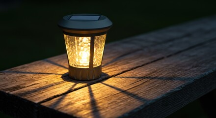 A beautifully lit solar garden lamp casting intricate shadows on a rustic wooden bench in an outdoor setting during dusk, highlighting its warm glow and inviting atmosphere.