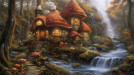 Obraz premium Enchanted Mushroom House by Waterfall
