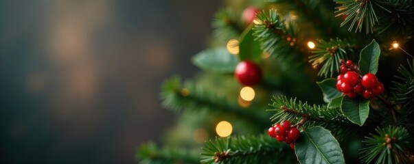 A beautifully decorated Christmas tree stand with festive holly branches and red berries, Christmas tree stand, Red, Festive