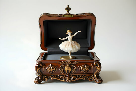 An intricately carved antique wooden music box featuring a delicate ballerina figurine, evokes nostalgia and charm with its vintage aesthetic and ornate details, perfect for collectors