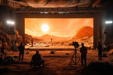 Film crew shoots sci-fi scene on Mars-like set with vivid orange landscape under artificial lighting.