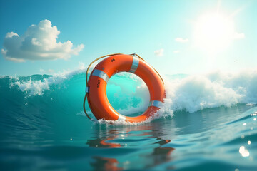 An orange lifeguard rescue buoy bobs serenely atop a vibrant turquoise wave, the sun shining brightly in the sky, evoking feelings of safety and vacation