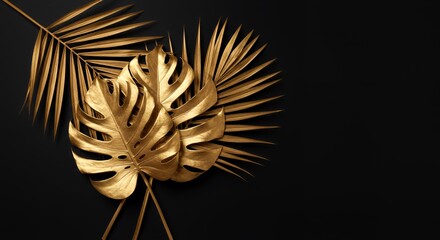 Gilded Monstera Leaves and Palm Frond on Black Background