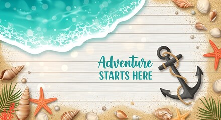 Anchor and seashells on beach with “Adventure starts here” text