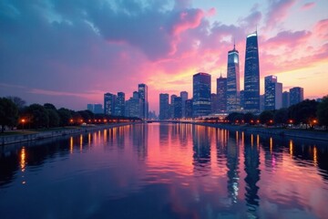 Fototapeta premium A serene cityscape at dusk with skyscrapers and a river in the background , architecture, #cityscape