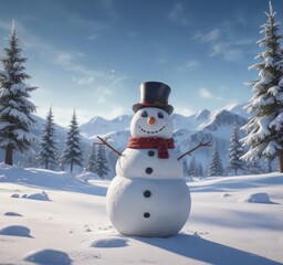 Obraz premium Happy snowman standing alone in a winter wonderland with open space, snowy background, peaceful environment, frosty landscape