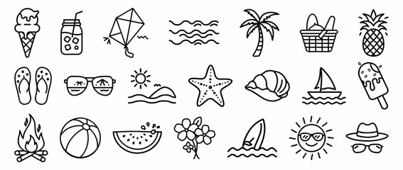 A collection of simple, outline-style icons representing various summer-related objects and activities.