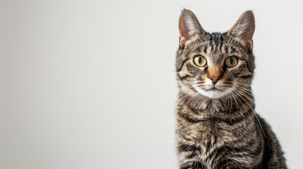 Obraz premium Studio portrait of a sitting tabby cat looking forward against a white back ground.