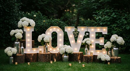 Illuminated Love Letters Wedding Decor Rustic Wooden Stumps White Hydrangeas