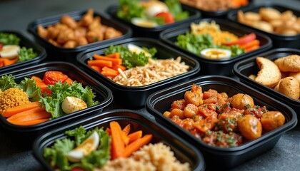 Freshly prepared meals in black containers. Variety of dishes salads, meat, veggies. Concept meal delivery service, diet food, take-out meals, healthy eating, convenience.