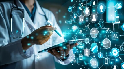 Health care and medical technology services concept. Medical worker using data virtual with health care icons, medical technology background, health insurance business.Health Insurance, telemedicine