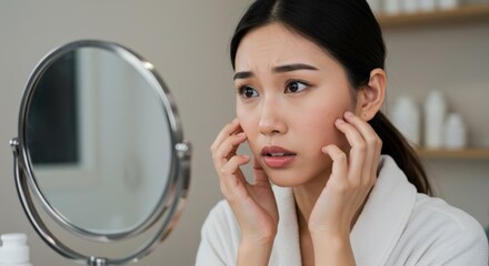 Concerned Asian woman in her twenties examining her skin's texture and appearance in front of a mirror, highlighting beauty routine and skincare awareness at home.