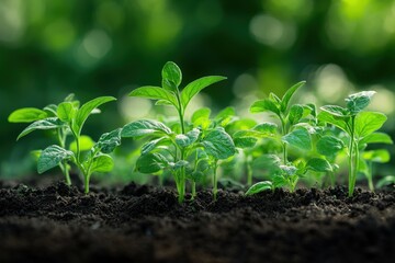 Young green plants emerging from rich, dark soil, symbolizing growth and new beginnings in a natural setting.
