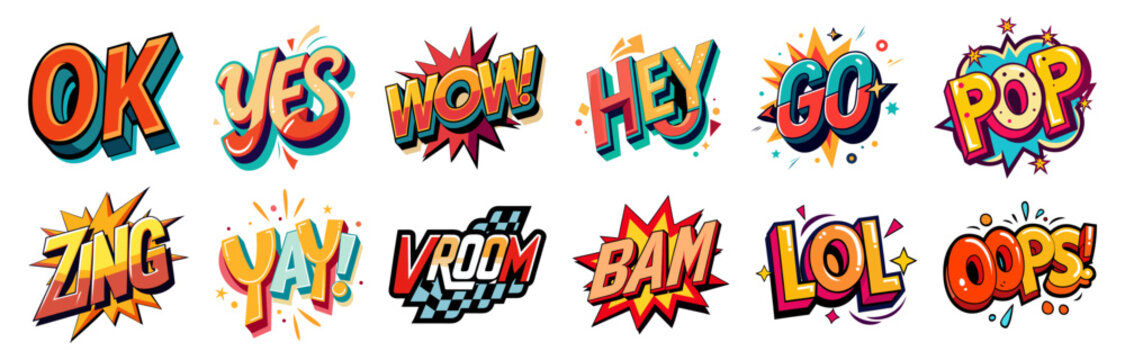 A collection of comic book style text illustrations featuring expressive words and phrases in vibrant, dynamic designs. Ideal for posters, stickers, t-shirts, and playful pop culture content.