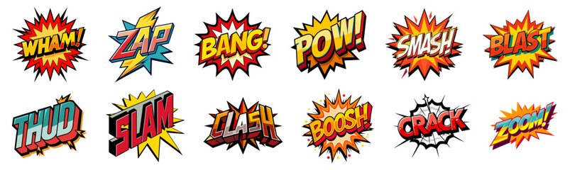 A set of comic book style sound effect illustrations with various onomatopoeia words and explosive designs.
