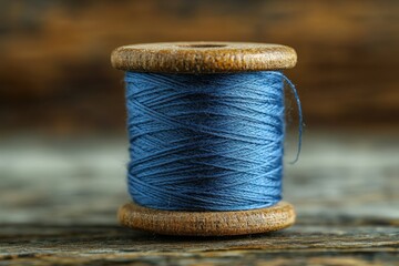 Close-up of a wooden spool holding tightly wound blue thread on a rustic wooden surface.