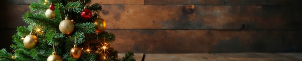 Artificial Christmas tree branch collection with ornaments and lights against a rustic wooden backdrop, christmas tree branch, winter decor, ornaments