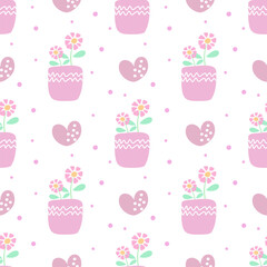 seamless pattern with flowers in pots in pink colors
