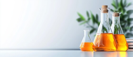 A laboratory setting with various transparent glass containers holding luminescent chemical solutions, creating an abstract and captivating visual display.