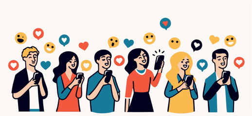 Fototapeta premium A stylized illustration of six people using smartphones, surrounded by social media icons and emojis.