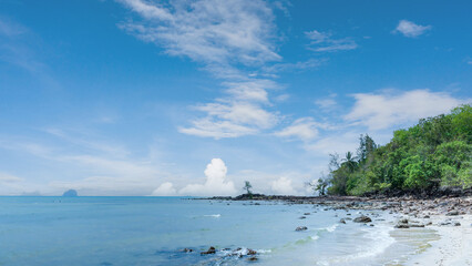 Landscape of tropical beach with trees and blue sky