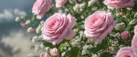Pink roses and baby's breath waves in the breeze , waves,  pink flowers,  nature