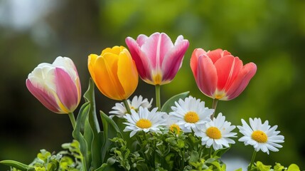 Obraz premium A vibrant display of colorful tulips and daisies in a lush green garden, creating a cheerful spring atmosphere.