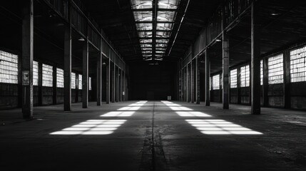 Sunlit Industrial Interior: Abandoned Warehouse in Black and White