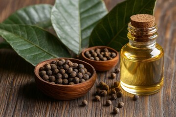 Copaiba essential oil displayed on a rustic wooden table.