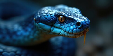 Fototapeta premium Blue viper snake's head features sharp fangs and textured skin, animal, scale, wildlife
