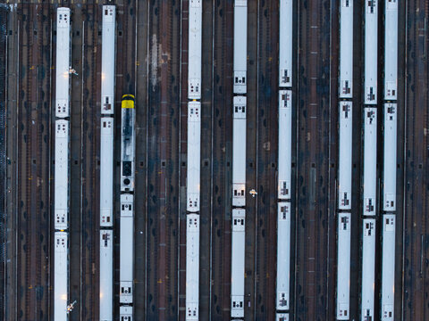 Close-Up of Trains on Parallel Tracks