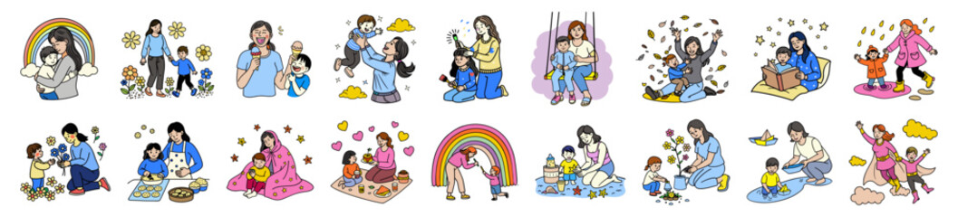 A set of small, diverse illustrations showing mothers and children in various activities and settings.