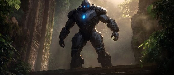 Humanoid monkey hybrid with metallic armor glowing blue veins and advanced cybernetic limbs standing atop a ruined jungle temple with dramatic lighting and dense foliage