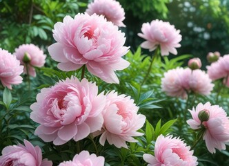Fototapeta premium Soft pink peonies in a garden with pastel blue flowers and greenery, floral arrangement, flower power, peaceful atmosphere