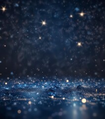 Obraz premium Sparkling glitter bokeh effect on a deep blue background with a soft glow of lights and stars in a minimalist light art design, bokeh, night sky, atmospheric