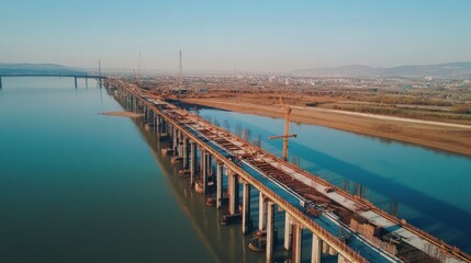 Obraz premium Aerial View of Bridge Construction Over River with City Skyline