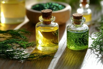 Vibrant spirulina algae oil bottle on rustic wooden table.