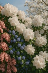 Blooming Spring Garden with Colorful Flowers
A colorful spring garden in bloom with white rhododendrons, pink pieris, and blue ceanothus flowers under a clear blue sky. 