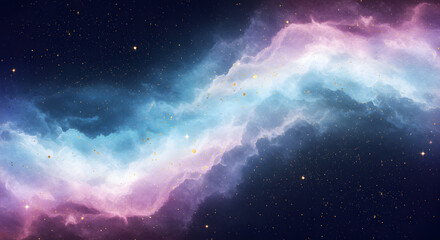 Ethereal abstract background with cosmic nebula-like swirls and shimmering stars.