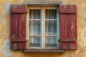 Rustic Vintage Window with Aged Maroon Shutters and White Frame