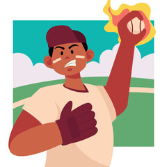 Baseball Pitcher Throwing a Fiery Ball Vector Illustration