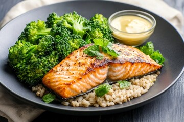 grilled salmon with brown rice and steamed broccoli

