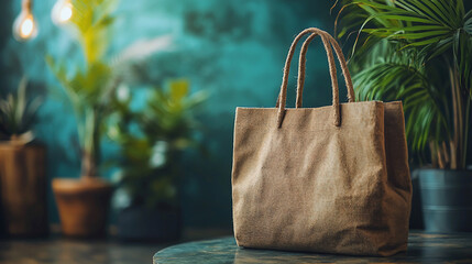 Brown Tote Bag, Plants, Teal Wall