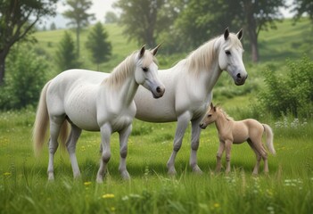 Obraz premium Unicorn Mare and Foal grazing in lush green meadow, unicorn, forest, animals
